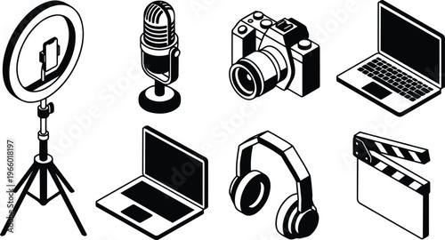 Isometric black and white media gear icons ring light microphone camera laptop headphones clapperboard set