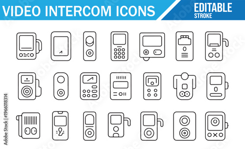 Home Security Intercom System Icons with Video Doorbell and Access Control Panels
