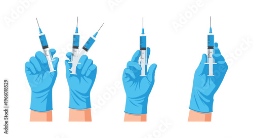 A set of blue gloved hands holding various syringes representing medical procedures and healthcare silhouette high quality professional detailed modern elegant