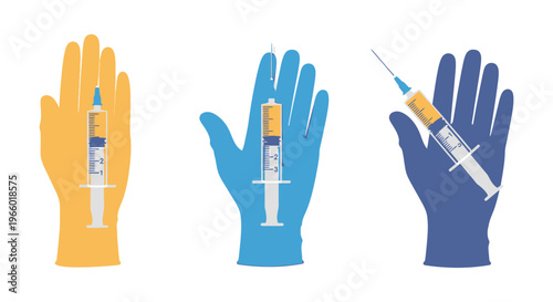 Hands in colorful gloves display syringes filled with liquid representing vaccination and healthcare a striking silhouette high quality professional detailed modern