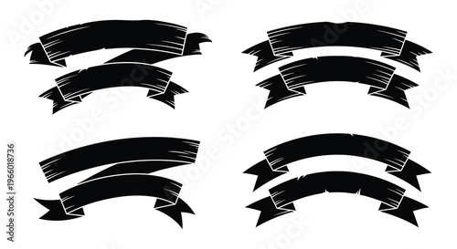 A collection of black ribbon banners arranged in various curves and angles creating a decorative design silhouette high quality professional detailed
