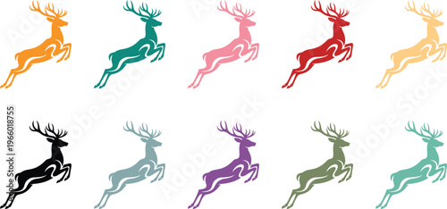 Jumping Reindeer Silhouette Collection Colorful Animal Vector Set, Leaping Reindeer Silhouettes Bright and Muted Color Collection