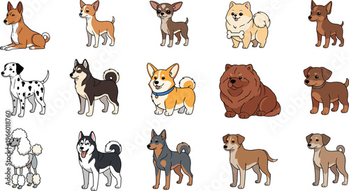 Cartoon Dog Breeds Set with Corgi, Poodle, Dalmatian, Chow Chow, and More