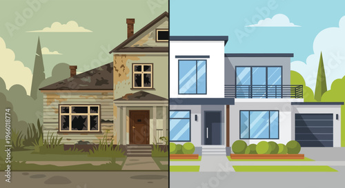 A split view illustrates contrasting homes one dilapidated and one modern with a distinct silhouette high quality professional detailed modern elegant