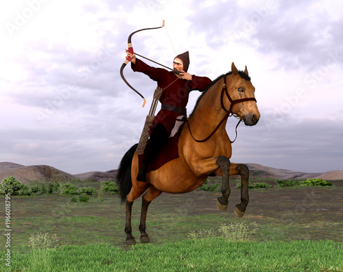 Illustration of Attila, king of the Huns, riding a horse and shooting a bow