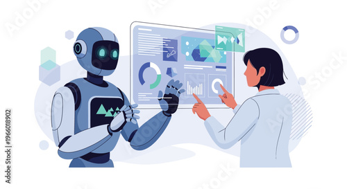 A human and robot collaborate reviewing data on a digital screen showcasing future technology silhouette high quality professional detailed modern
