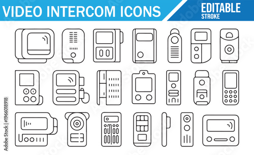 Video Intercom Icons Set with Smart Doorbell, Home Security System, Access Control Panels, Surveillance Devices and Communication Interface Illustration