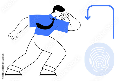 Biometric security, identity verification, digital access, technology interaction, cybersecurity, personal authentication. A man points to a fingerprint under a curved arrow. Biometric security