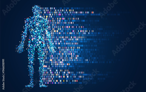 Futuristic human silhouette formed by colorful particles and genomic data blocks on dark background, symbolizing biotech, DNA research, and digital identity.