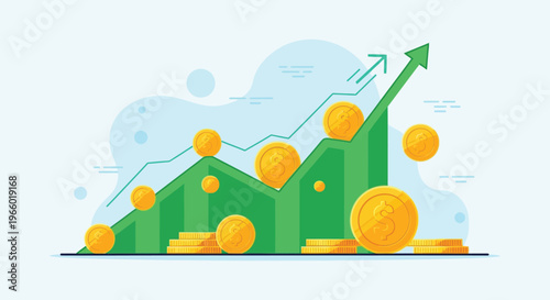 A vibrant illustration depicts financial growth with rising bars coins and an upward trend showcasing economic success silhouette high quality