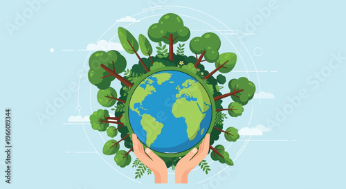 A vibrant illustration depicts hands cradling the earth surrounded by lush foliage emphasizing environmental care and sustainability silhouette high quality professional