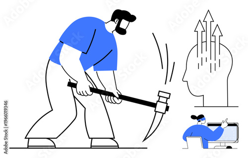 Personal growth concept. Personal growth ed by a man breaking obstacles with a sledgehammer, mental focus illustrated with rising arrows. Personal growth highlighting self-improvement and innovation