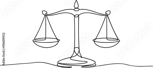 Law balance scale line drawing justice symbol illustration for legal concept and courtroom equality theme