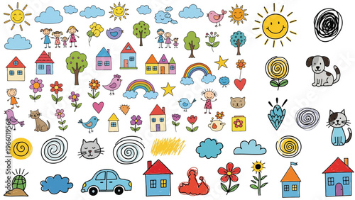 Playful nursery art collection with colorful houses trees birds and sun creating joyful children illustration perfect for fun learning spaces.