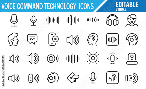 Modern Voice Command System Icons with Sound Waves and Digital Communication Tools