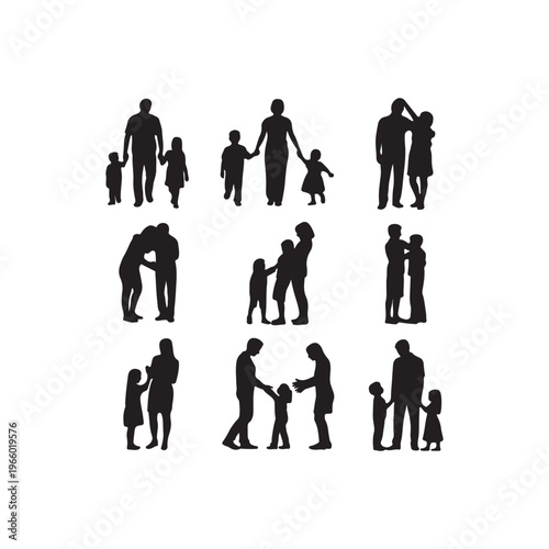 Happy family silhouette walking at sunset on warm sandy beach with ocean waves