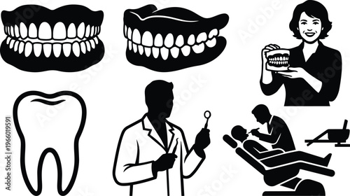 Black and white dental icons showing denture tooth dentist and patient in chair