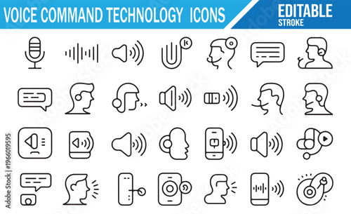 Voice Command Technology Icons with Speech Recognition and AI Assistant Interface