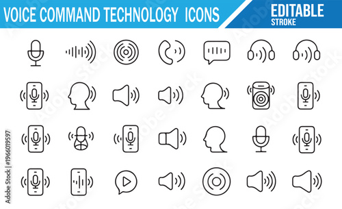 Voice Command Technology Icons Set with Speech Recognition, Audio Interface, Microphone, AI Assistant, Sound Wave Controls and Smart Communication System Illustration