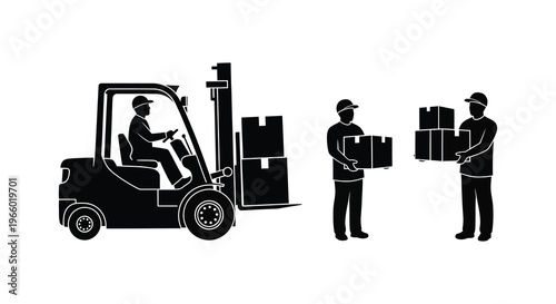 A black silhouette depicts a forklift operator unloading boxes to workers showcasing a logistics scene silhouette high quality professional detailed modern