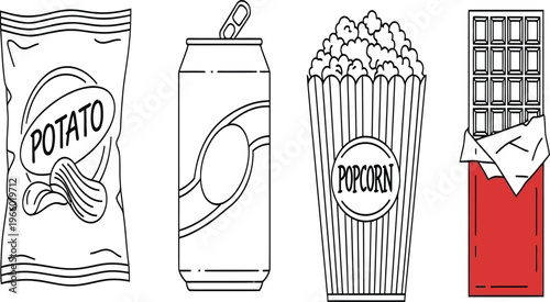 Classic movie theater snacks illustrated in a simple sketch style Vector
