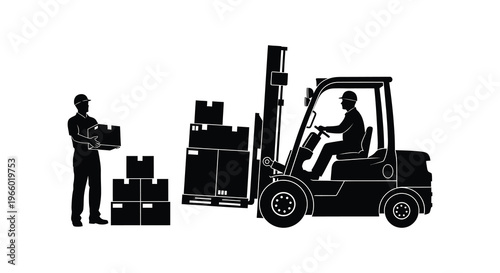 A forklift operator transports boxes while a worker carries a package depicted in a striking black silhouette high quality professional detailed