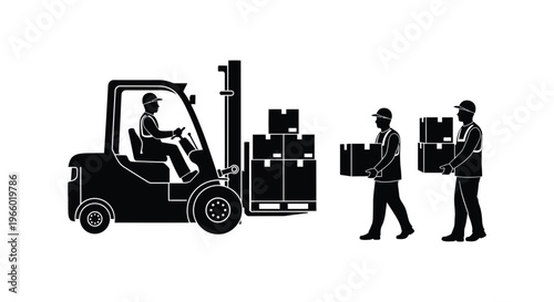 A black silhouette depicts warehouse workers operating a forklift and moving boxes highlighting logistical operations in a distribution center silhouette