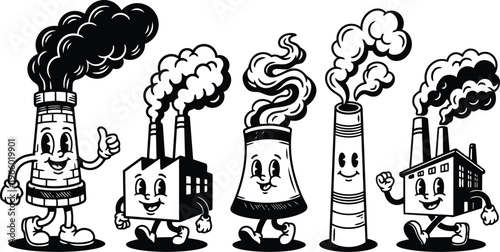 Retro cartoon five smiling factory chimneys walking with faces black and white line art vector