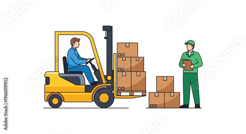 A forklift operator transports stacked boxes while a worker checks a clipboard illustrated in a flat style silhouette high quality professional