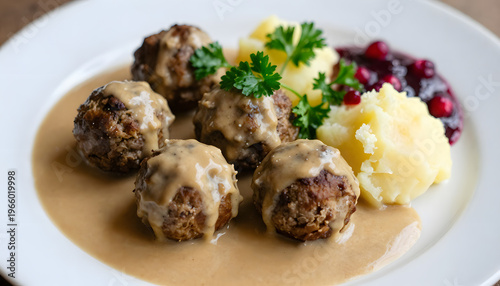 Traditional Swedish meatballs (Köttbullar) served with creamy mashed potatoes, rich brown sauce, and lingonberries, garnished with fresh parsley. Classic Scandinavian comfort food,, white plate, ad