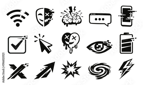 Digital Chaos Modern Glitch Doodle Icon Set