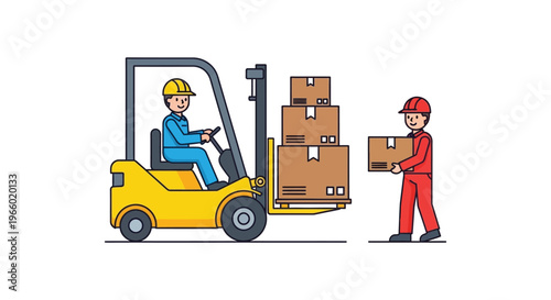 A yellow forklift transports cardboard boxes as a worker receives a package depicted in a flat vector silhouette high quality professional