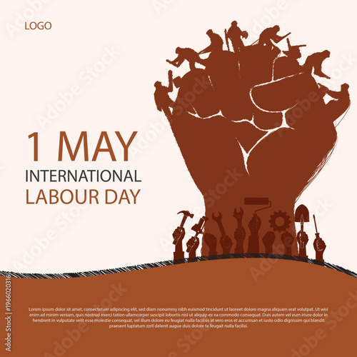 International Labour Day 1 May Poster with Raised Fist Made of Workers Silhouettes Solidarity Concept