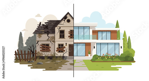 A contrasting view of a dilapidated and modern home split down the middle showcasing architectural differences silhouette high quality professional detailed elegant