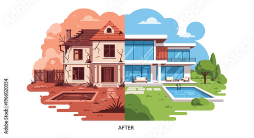 A striking visual comparison of a dilapidated house and a modern home split down the middle silhouette high quality professional detailed