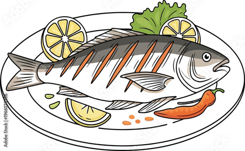 A beautifully presented grilled fish dish with lemon and chili garnish on a plate Vector