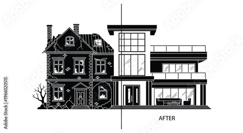 A stark contrast between an old decaying house and a modern structure visually split down the middle silhouette high quality professional