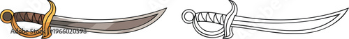 Pirate sword illustration & outline set isolated on transparent background 