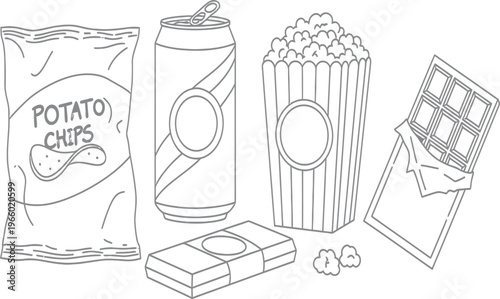 Sketch of classic movie theater snack items and drinks Vector