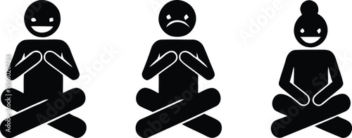 People meditating silhouette icons happy sad neutral.

