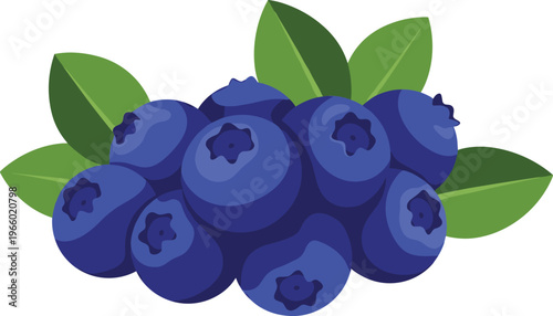 A vibrant cluster of fresh blueberries with green leaves on a white background for healthy food and nutrition concepts