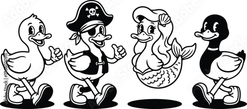 Cartoon pirate duck mermaid duck and two walking ducks black and white vector illustration