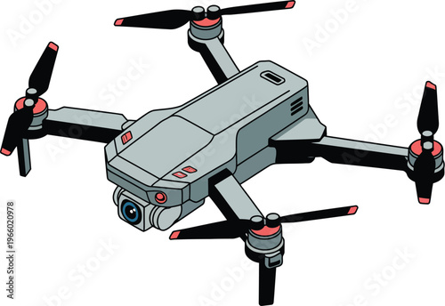 A modern quadcopter drone with mounted camera and extended arms Vector, illustration
