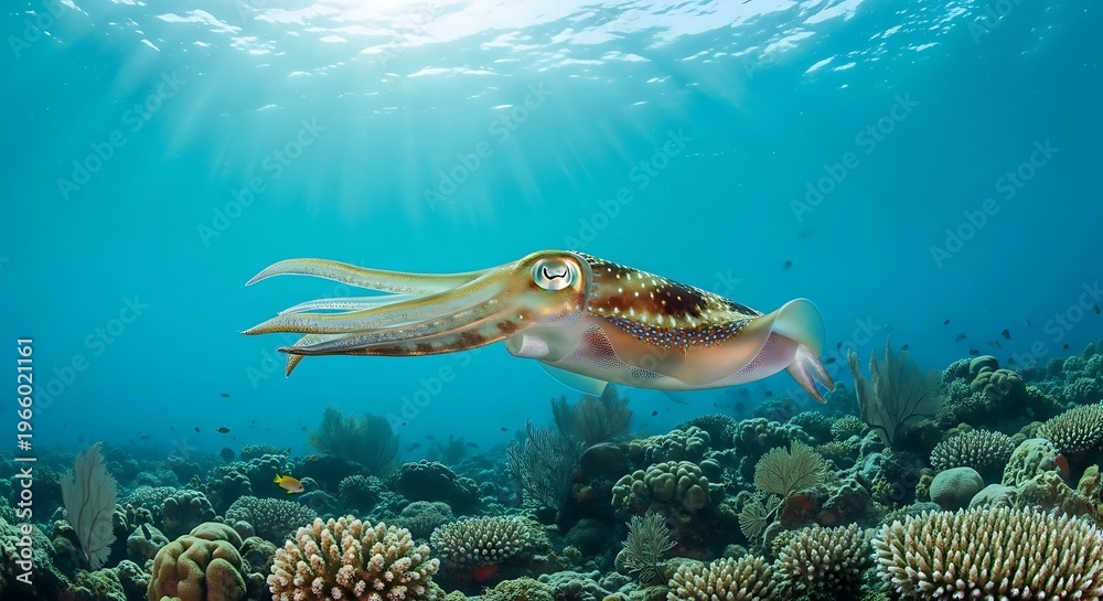 Naklejka premium A captivating cuttlefish with beautiful patterns expertly camouflages itself against a vibrant coral reef in clear blue ocean water.