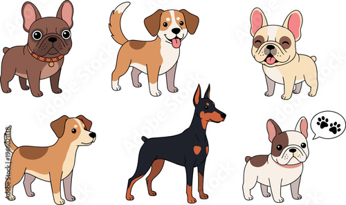 Cartoon Dog Breeds Set with French Bulldog, Beagle, Doberman, and More