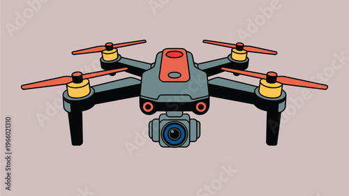 Quadcopter drone with four propellers and a mounted camera on its underside. Vector, illustration
