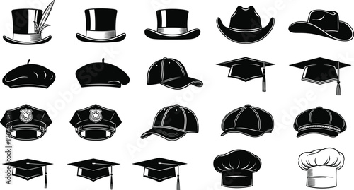 Black hat silhouette collection featuring top hat cowboy hat beret baseball cap graduation mortarboard police cap newsboy cap and chef hat cad drawing flat vector illustration