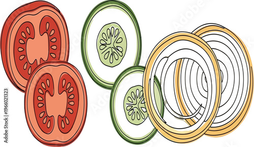 Tomato and cucumber slices in various forms of presentation Vector