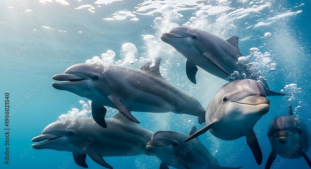 Obraz premium A joyful group of bottlenose dolphins playfully swims together underwater, surrounded by sunlight and air bubbles.