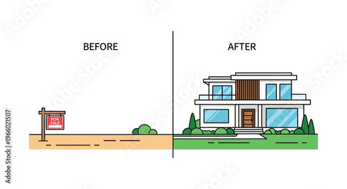 A visual comparison of a property before and after renovation showcasing a dramatic improvement silhouette high quality professional detailed modern elegant